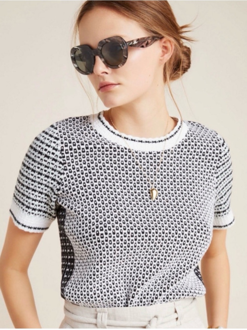 Anthropologie Black and White Patterned Crewneck Sweater